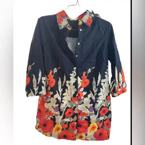 Soft Surroundings NWOT Top Blouse Tunic Black Floral Smock Cotton Beaded…